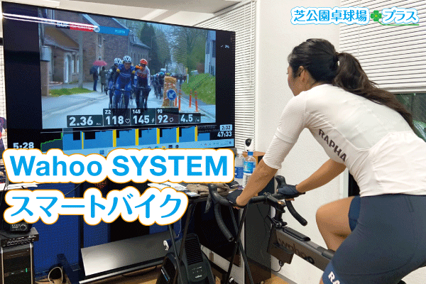 芝公園卓球プラス、トップページのWahoo SYSTM スマートバイクをお客様がご利用中の実例画像。貸切りZwiftスマートバイクにお客様が持参された専用ペダルに交換。お客様は早朝セルフプランのZwift+スマートバイクでZwiftバーチャルサイクリングレースを楽しまれました。