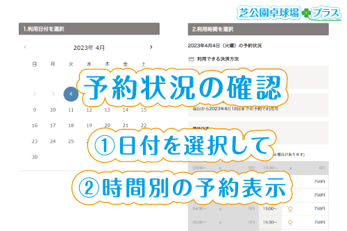 芝公園卓球プラス、トップページの予約状況確認するイメージ画像。ご希望日の空き状況をご確認。予約ページでご希望の日付をクリック、下にスクロールすると時間別の予約状況がご確認できます。